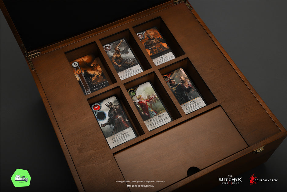 Wooden card holder with collectible cards featuring characters from 'The Witcher' series.